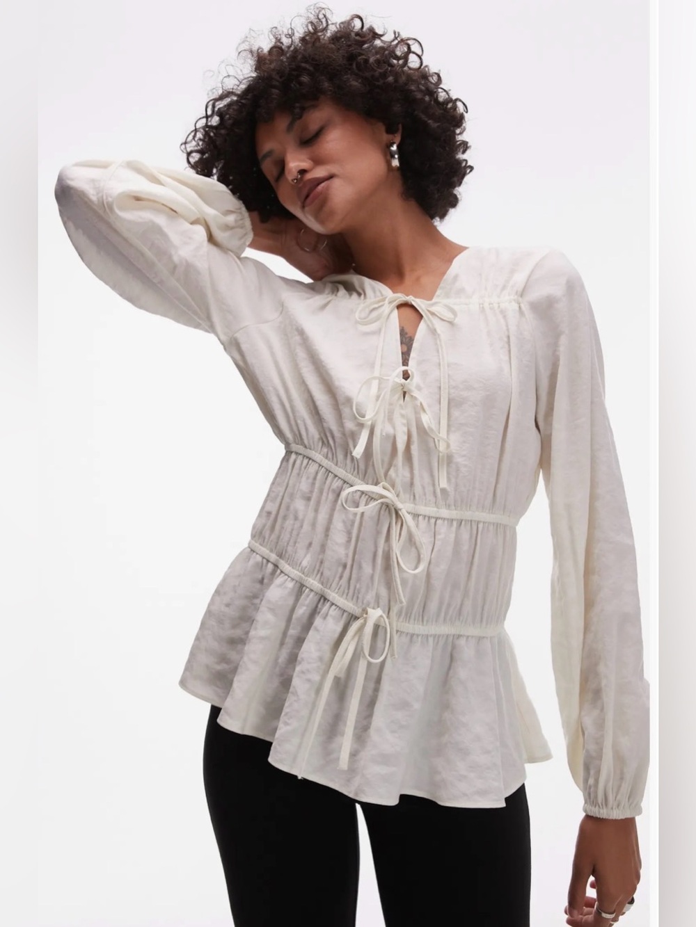 NWT Topshop Cream Tie-Front, Long Sleeve, Soft Modal Peasant Blouse - Size 10